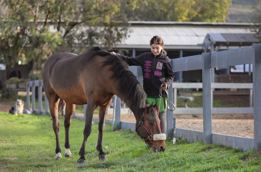 December 11, 2019, Escondido, California_USA_| Lindsay Heliker walks with her horse named Odyssey as he eats the fresh grass at Miller Equestrian Services. |_Photo Credit: Photo by Charlie Neuman(Charlie Neuman/Photo by Charlie Neuman)