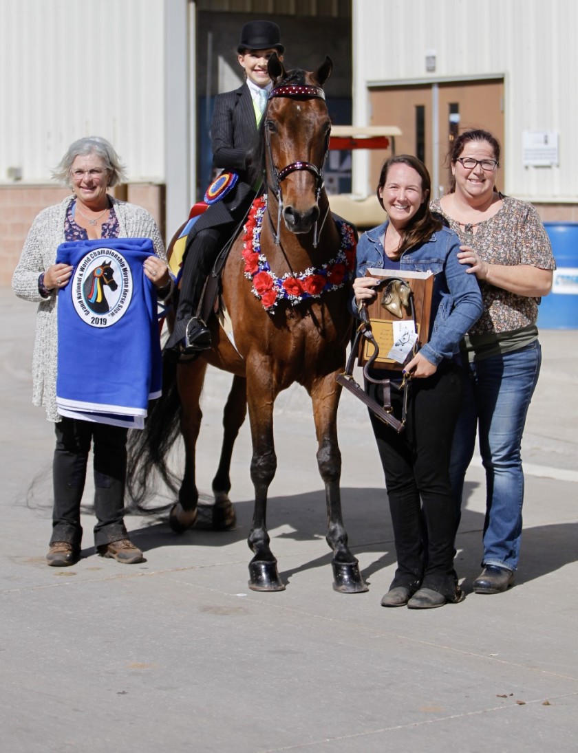 Lindsay Heliker, 12, on her horse Odyssey after winning a unanimous world championship in Oklahoma City in October. With her, from left, are her trainer Ann Woulfe Miller, left, assistant trainer Betsy Krutek and mother Rachael Heliker.(Courtesy of Kim Oplotnik)