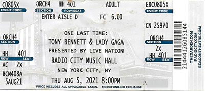 Tony Bennett and Lady Gaga - Radio City Music Hall Ticket (photo courtesy of EIE Editorial team)