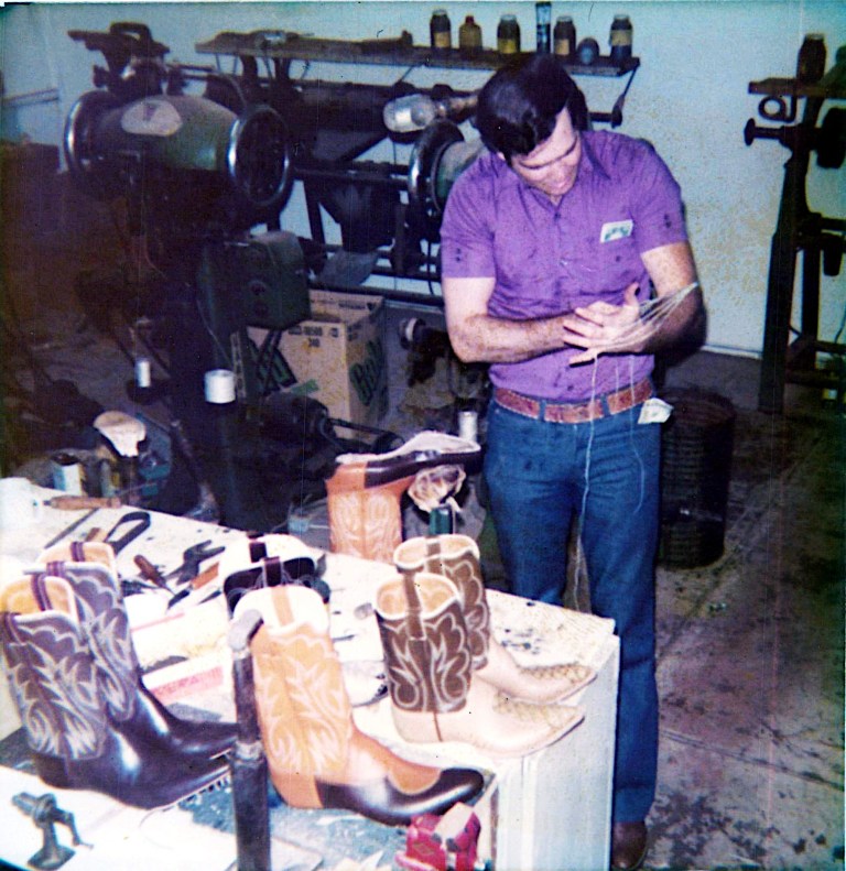 Alan Bell, in 1975, making inseaming strings while working for bootmaker Tex Robin in Coleman, Texas.