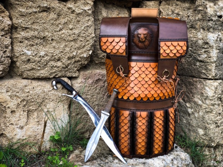 An ancient, scaled leather, thoracic armor, that Greek warriors wore to shield the chest area, made by Epos Custom Leather and commissioned by the Association of Historical Studies Koryvantes, based in Athens, Greece.