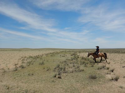 The author, Jenna Arnett riding the Gobi Desert
