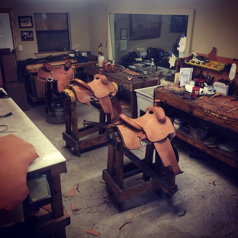 Saddles in progress in Don Gonzales’ Wheelock, Texas workshop.