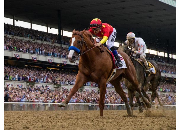 Justify crosses the wire in front to become racing's 13th Triple Crown winner. (Eclipse Sportswire)