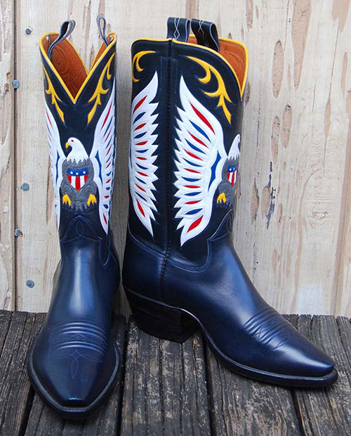 Navy Water Buffalo Calf Boots with an eagle inlay - all photos courtesy of Texas Traditions