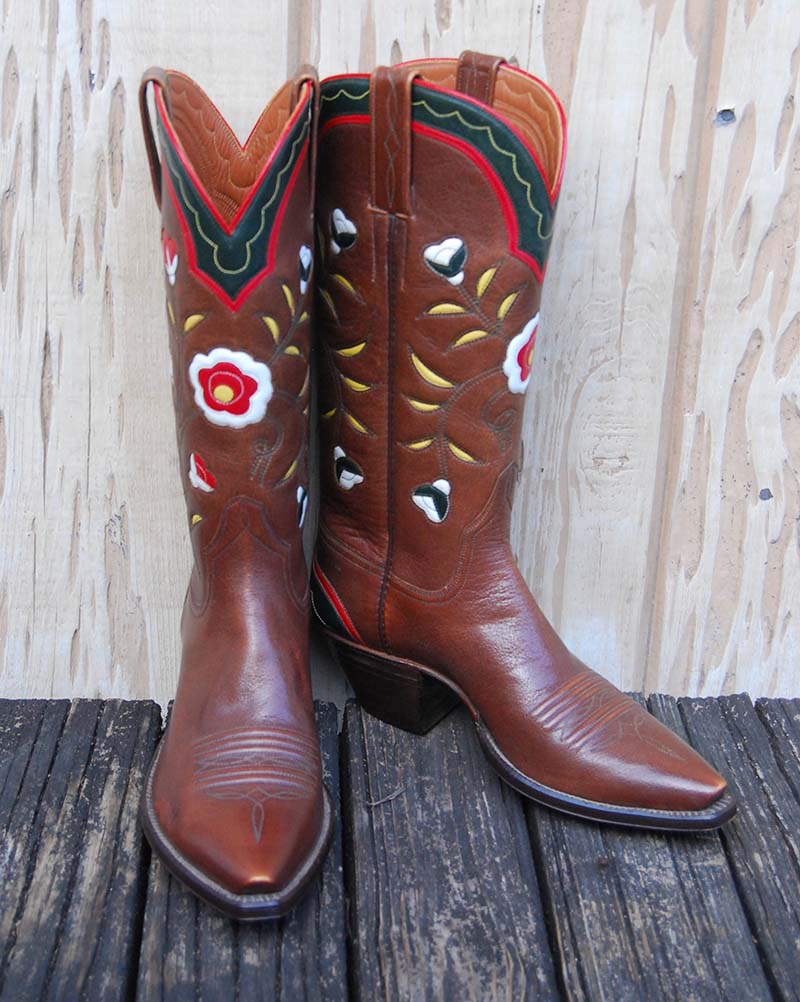 Medium Brown Water Buffalo Calf Boots with flower inlays