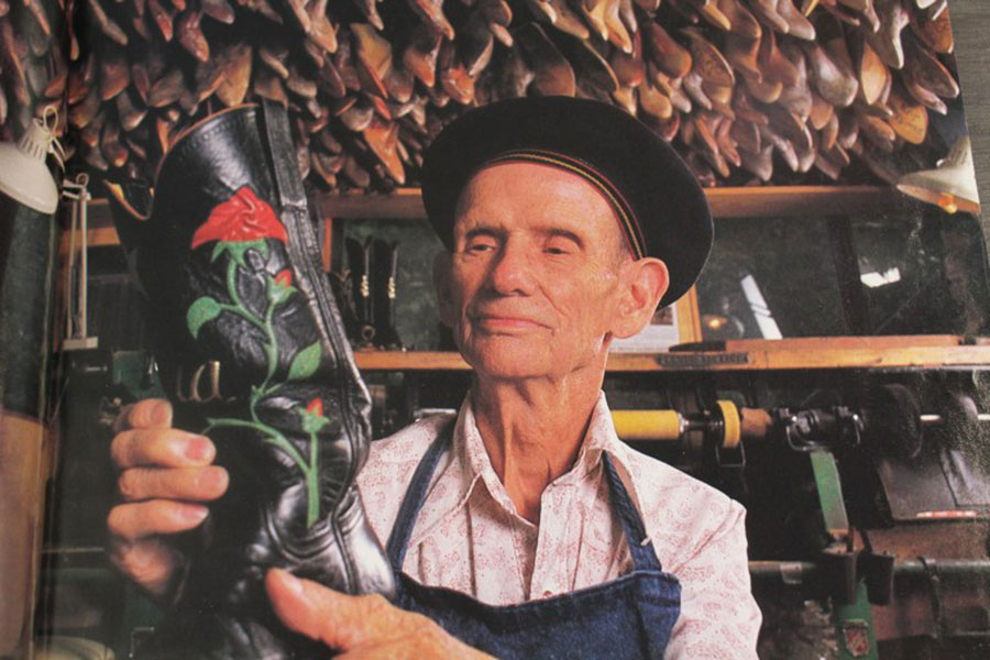 Charlie Dunn with a fine example of his signature inlay, the rose. Ernest Tubb bought a pair of Charlie Dunn’s rose boots in the early 1940s, and that began his reputation as “the Michelangelo of Cowboy Boots.”