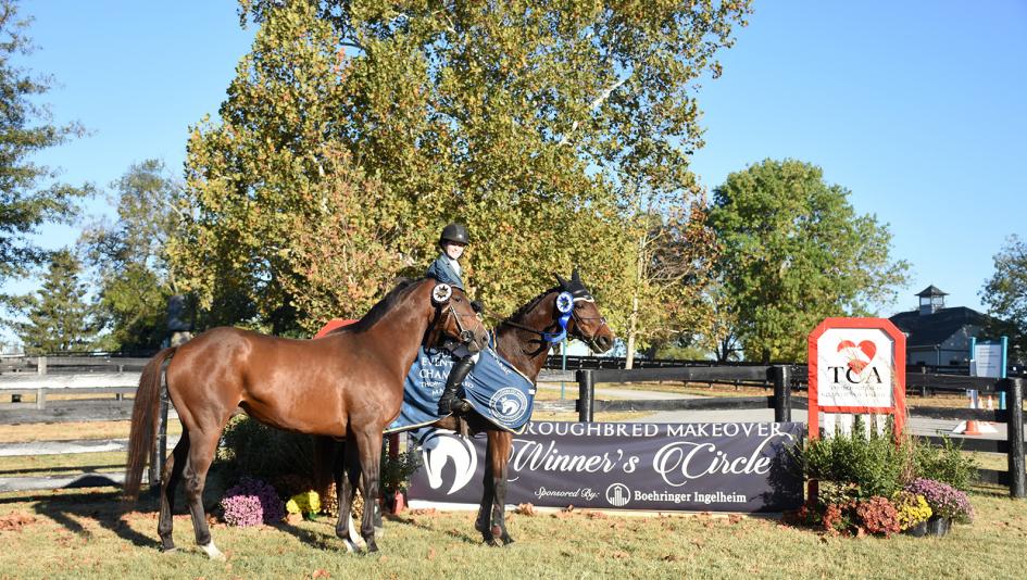 Ex-jockey Rosie Napravnik had a very successful 2019 Thoroughbred Makeover riding former racehorses Sanimo (right, with Napravnik aboard) and Bethel Wildcat. (Melissa Bauer-Herzog/America's Best Racing)