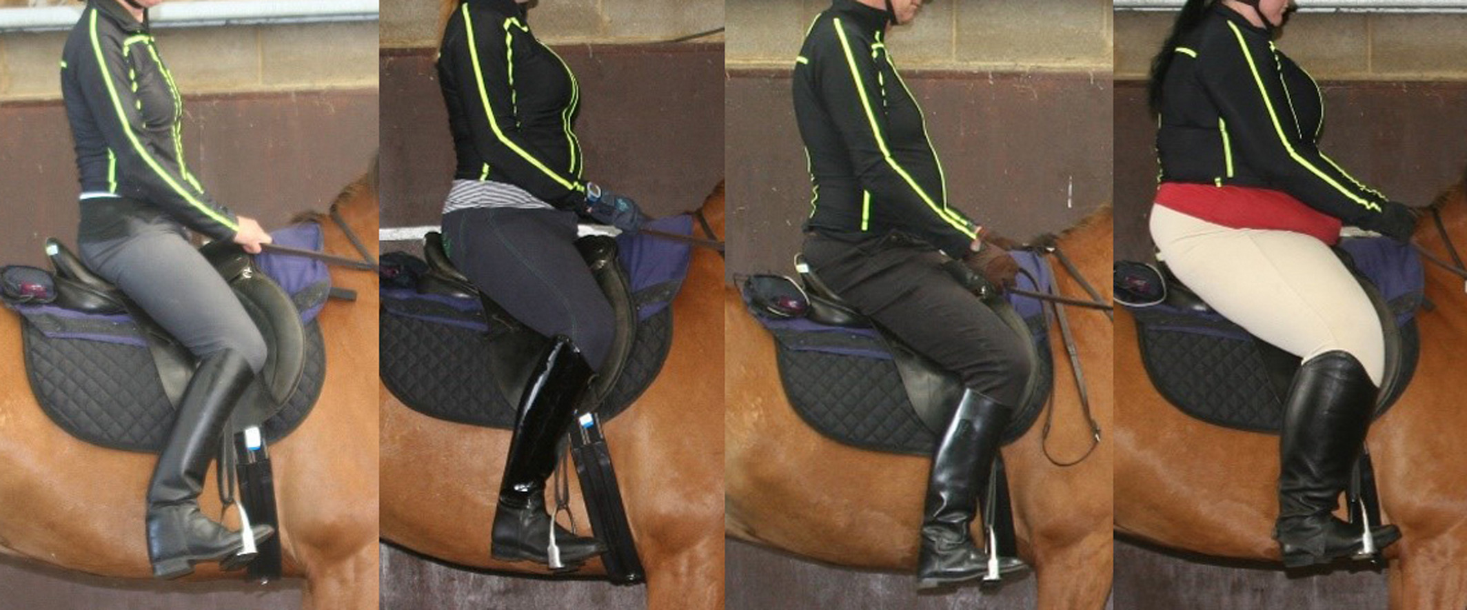 Lateral images of the four riders, from left to right, Light (L), Moderate (M), Heavy (H) and Very Heavy (VH) stationary on Horse 2. The seat of the saddle is of correct length for riders L and M, is short for rider H, who is sitting on the back of the cantle, and is very short for rider VH, whose seat extends beyond the cantle. There is lack of vertical alignment of the shoulder, tuber coxae (‘hip') and heel for riders H and VH.